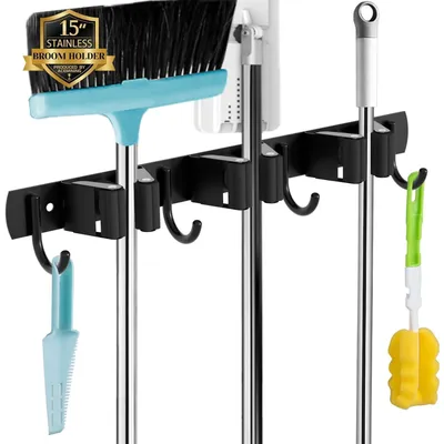 Produktbild von Besenhalterung Wand 3 Halter 4 Haken Edelstahl Schwarz Selbstklebend & Schraubmontage