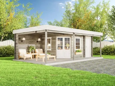 Produktbild von Alpholz Gartenhaus Johanna-40 Plus aus farblos imprägniertem Holz mit 40 mm Wandstärke & Flachdach, Maße: 718 x 420