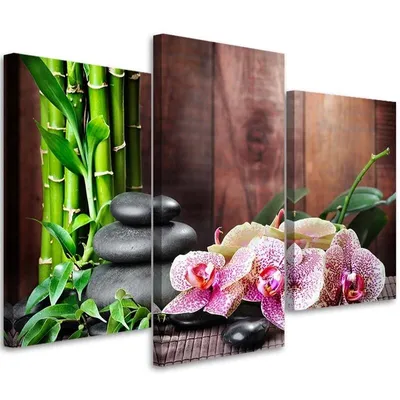 Produktbild von Triptychon auf leinwand orchideenbambus und steine 120x80 cm Feeby braun wandbild bereit zum aufhängen