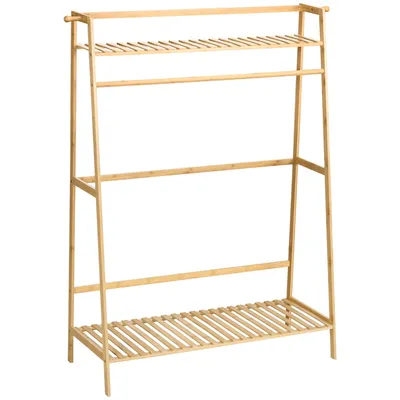Produktbild von Kleiderständer aus Bambus, 2 Kleiderhaken, Kleiderstange, 2 Ablagen, 114 x 40 x 139 cm