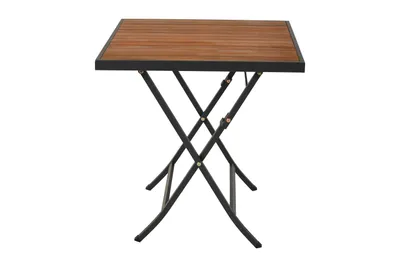 A square folding table with a wooden top and black metal legs, shown against a white background.