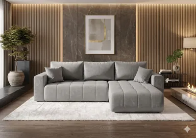 Image de Canapé d’angle LARA droit gris clair velours Monolith 84 - fonction couchage, coffre de rangement pour la literie