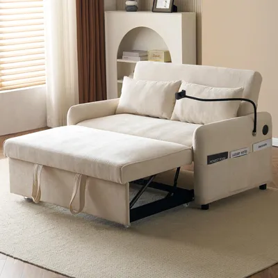Immagine prodotto di Divano letto Merax, divano letto pieghevole a 2 posti con funzione letto, schienale regolabile, porta di ricarica USB e porta cellulare, divano letto in ciniglia, divano, beige