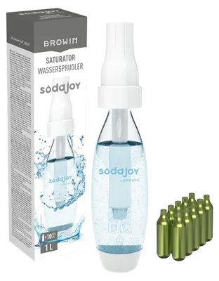 A product shot of a water carbonator with its packaging and a set of CO2 cartridges.