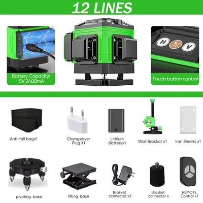 Obrázek produktu pro Laserová vodováha – 4D 12 linií křížového laseru – samonivelační – 360° horizontálně a vertikálně – zelená laserová linie – stříbrná