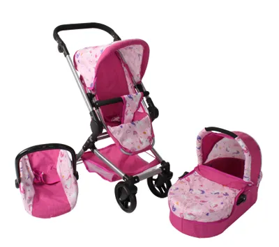 Produktbild von Bayer Chic 2000 Kombi-Puppenwagen Fides 3in1 | Set mit Babywanne, Sportsitz & Autositz | Höhenverstellbar, Melange-Design, Einhorn pink