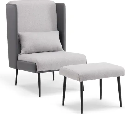 A gray armchair with a matching ottoman on a white background.