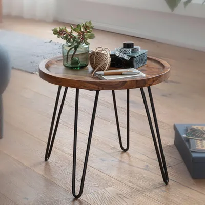 Immagine prodotto di FineBuy tavolino di design in legno massiccio di sheesham 45x40x45 cm tavolo da soggiorno tavolo rotondo da divano con gambe a forcina tavolino in legno e metallo