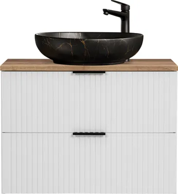 Produktbild von Waschtisch 80cm mit schwarzem Aufsatzbecken, weiß mit Eiche Nb., Front gerillt, ADELAIDE-56-WHITE
