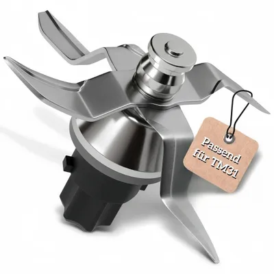 A close-up, studio shot of a replacement blade assembly for a kitchen appliance, with a small tag attached.