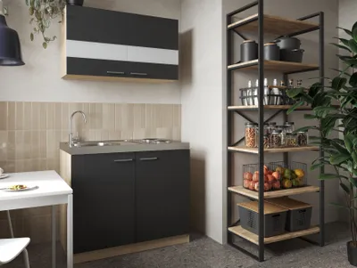 Produktbild von Küche Miniküche Singleküche Pantry Eiche Sägerau Schwarz Merle 100 cm Respekta
