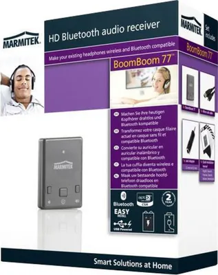 The image shows the packaging of a Marmitek BoomBoom 77 HD Bluetooth audio receiver. The packaging includes images of the product, a person using headphones, and descriptive text in multiple languages.