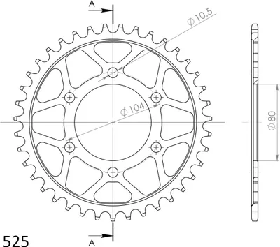 Productafbeelding van Staal kettingtandwiel Supersprox 525 - 39 tanden (zwart) RFE-1489:39-BLK | Binnenmaat 80,0 mm, Buitenmaat 104,0 mm, 6 gaten