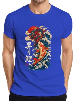Produktbild von Japan Drache Karpfen Nobori Koi Welle Sonne Tattoo Y2K Irezumi Herren T-Shirt, Blau, S
