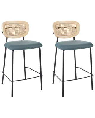 Produktbild von BELIANI Set aus 2 Barstühlen Blaugrün Polyesterpolsterung Naturrattan Wiener Geflecht Rückenlehne Schwarz Metallbeine Armlose Hocker