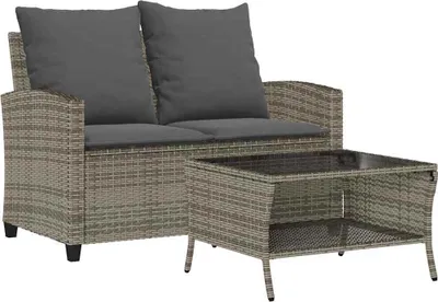 Produktbild von vidaXL Gartensofa 2-Sitzer mit Kissen & Tisch Grau Poly Rattan