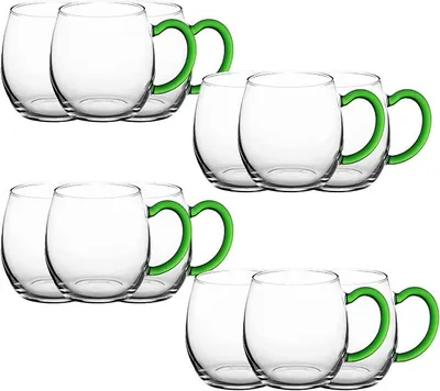 Imagen del producto de 12 vasos de vino con asa verde, capacidad de 250 ml. Vasos de vino calibrados, vasos de vino blanco, vasos para vino caliente, tazas para vino caliente, vasos para ponche, vasos de té con asa, vasos para "Schorle" (bebida alemana a base de zumo de frutas y agua con gas)