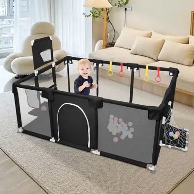 Image de Parc pour bébé 180x120x66cm avec filet basket-ball parc pour bébé respirant avec porte de sécurité 50 ballon océan noir