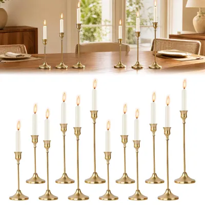 12er-Set Stabkerzenhalter Gold, Metall, 16/19/23 cm