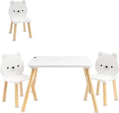 Produktbild von Moni Kinder Tischset 2 Stühle weiße Bären Holz, Spieltisch, Kinderzimmermöbel weiß