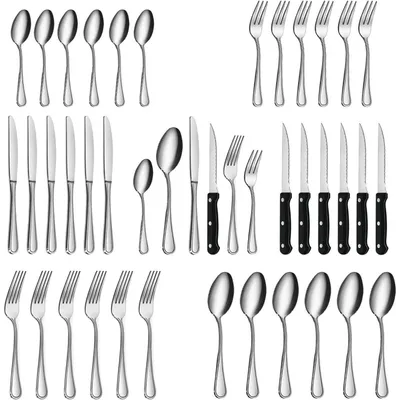Immagine prodotto di Set di posate da 36 pezzi in acciaio inossidabile per 6 persone, con finitura lucida e coltelli per bistecca, lavabile in lavastoviglie