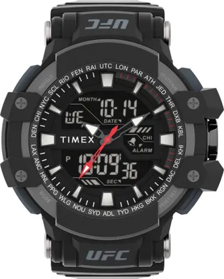 A digital watch with a black strap and black casing, featuring a digital display and analog hands. The watch has 'UFC' branding on the bezel and strap.