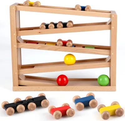 Produktbild von Holz Auto Rampe Kugelbahn 5 Ebenen, 4 Autos, 3 Bälle, für Kinder