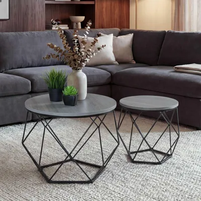 Produktbild von Couchtisch-Set HWC-L37, Kaffeetisch Beistelltisch Loungetisch, Metall Holz  Eiche-grau-Optik