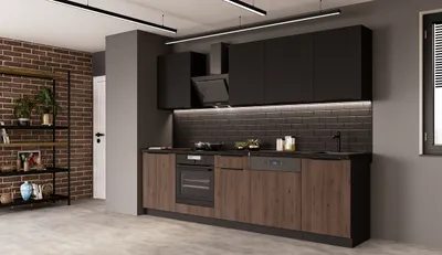 Produktbild von Küche MONZA + SIENA BASIC 280 cm Küchenzeile Küchenblock Einbauküche Nussbaum Okapi matt + Schwarz matt