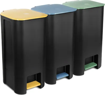 Three black pedal bins with different colored lids and pedals are arranged side-by-side against a white background.