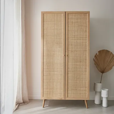Produktbild von sweeek - Kleiderschrank mit Rohrgeflecht und Holzlook, 2 Türen - Natur