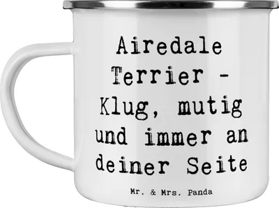 Produktbild von Mr. & Mrs. Panda Emaille Tasse Spruch Airedale Terrier - Weiß - Geschenk, Teetasse, mutig, Pott, becher, Polizeihund, Hunderassen Charakter, Hunderasse, Hundeliebhaber