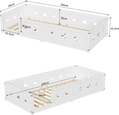 Zdjęcie produktu dla Łóżko dziecięce UnboxG z zabezpieczeniem przed wypadnięciem ze stelażem listwowym | 90 x 200 cm | białe | drewno sosnowe - lite drewno | dla dziewczynek i chłopców | łóżka dziecięce