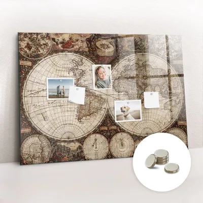 Immagine prodotto di Lavagna magnetica da parete, con superficie in vetro e bordo curvo. Include 5 magneti. Dimensioni: 100x70 cm. Motivo: vecchia mappa del mondo
