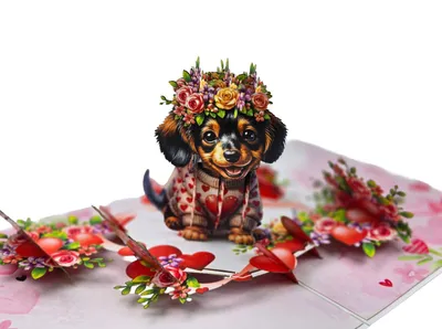 Produktbild von 3D Pop-Up Grußkarte „Dackel mit Blumenkranz“ – Herz- & Rosenmotiv, ca. 30×20 cm geöffnet, 12 cm Pop-Up – romantische Klappkarte als Deko & Geschenk