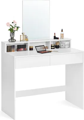 Produktbild von VASAGLE Schminktisch, großem Spiegel, 2 Schubladen, 3 offene Fächer, weiß, Modern