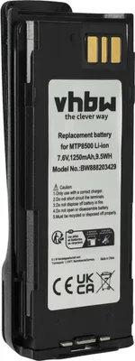 Produktbild von vhbw Akku kompatibel mit Motorola MTP8550Ex, MTP8550, MTP8500Ex, MTP8500, MTP8000Ex Funkgerät, Walkie Talkie (1250 mAh, 7,6 V, Li-Ion) + Gürtelclip