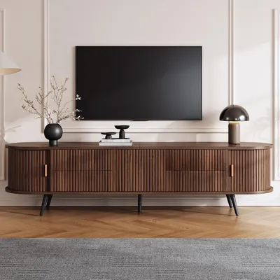 Obrázok produktu pre Merax Oválny TV stolík so 4 zásuvkami a 2 roletovými dvierkami, TV nábytok do 80 palcov so samostatnou skriňou, nízka skriňa do obývacej izby, orech