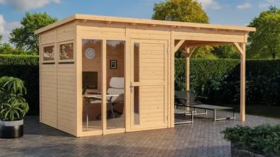 Produktbild von Gartenhaus Bertilo Pentus 2 Poolhouse inkl. Bodenplatte, Schleppdach 470 x 266 cm natur