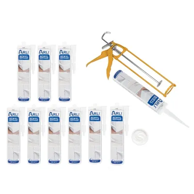 Produktbild von ARLI Kartuschenpresse aus Metall + 10x Acryl 310 ml Dichtstoff Weiß Bauacryl Fugendichter Maleracryl - Set