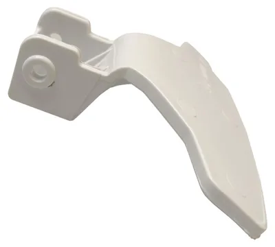 A white plastic washing machine door handle is shown against a white background.