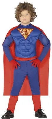 Immagine prodotto di Costume da supereroe avventuroso con tuta muscolare per bambini, taglia: 128/134 colore: blu