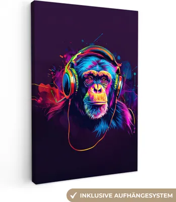 Produktbild von MuchoWow® - Leinwandbilder - Affe - Kopfhörer - Musik - Farbenfroh, Wandbild, Wanddeko Bilder Wohnzimmer, 20x30 cm