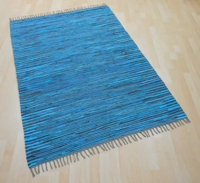 Produktbild von Teppich Fleckerl Fleckerlteppich Handwebteppich UNI Baumwolle Handweb Waschbar Farbe: Anthrazit / Türkis gestreift Größe: ca. 70x250 cm