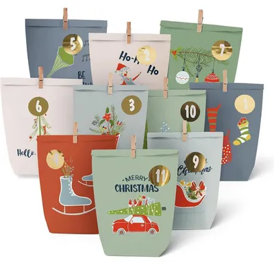 Productafbeelding van Adventskalender: 24 papieren zakjes om te vullen, met stickers, winterthema, kleurrijk