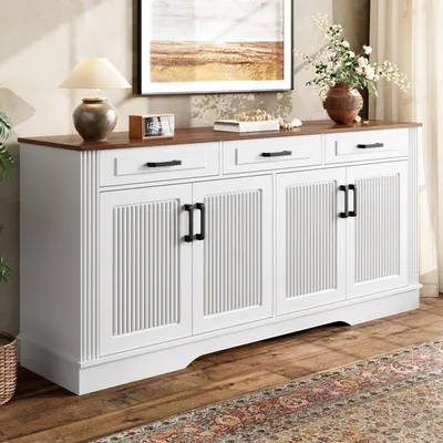 Produktbild von Merax Sideboard Wohnzimmerschrank mit 3 Schubladen und 4 Türen, Kommode mit 3D-vertikale Rillen aus MDF, Stauraumschrank mit Einlegeböden, Weiß