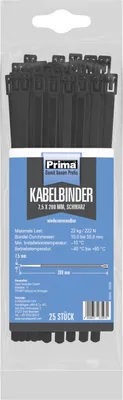 Immagine prodotto di Prima Kabelbinder 7, 5x200mm wv. schw. Wiederverwendbar, 25 Stück