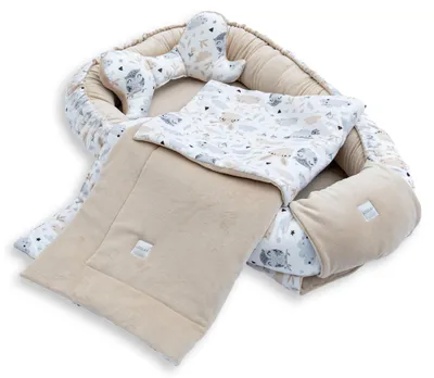 BABYNEST + DECKE + Kissen BEIGE Samt Velour/ HASE EULE Baumwolle Nestchen