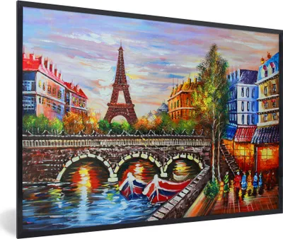 Produktbild von MuchoWow® Gerahmtes Poster Gemälde - Öl - Eiffelturm - Paris - Wasser 90x60 cm - Poster mit Schwarzem Bilderrahmen Wandposter Rahmen Foto Bilder - Fotorahmen - Foto-Plakat