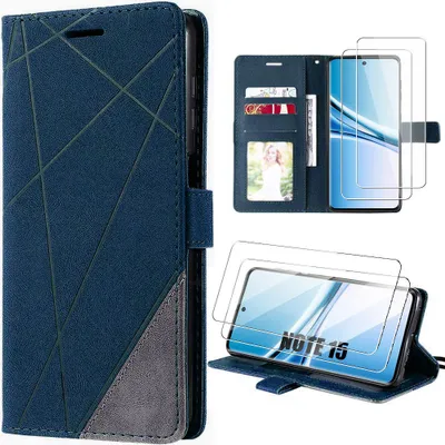 Image de Coque + 2 Verres Trempés pour Xiaomi Redmi Note 15 5G/4G, Protection Anti-Rayures Effet Cuir - Bleu Marine